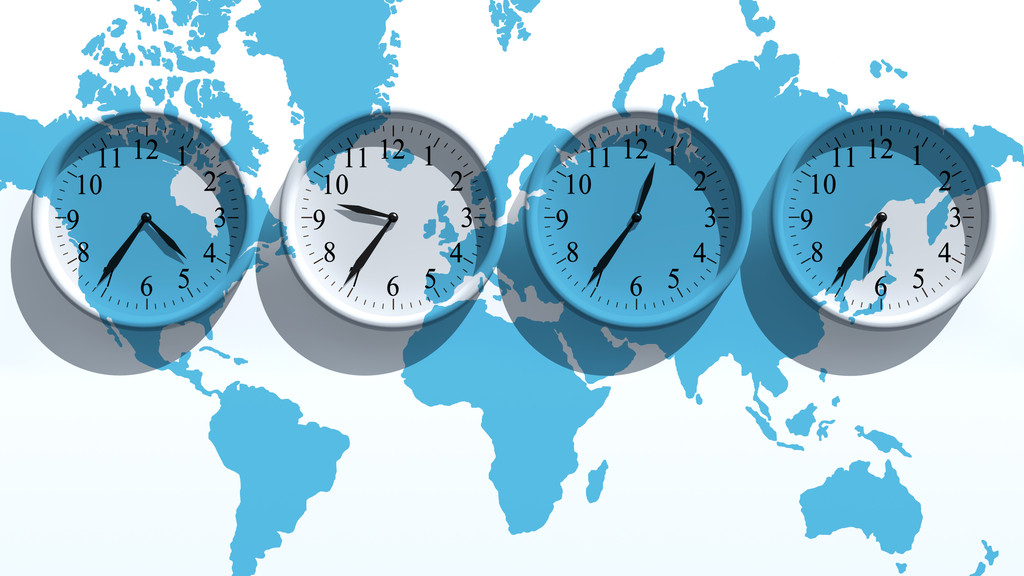 World map and clocks